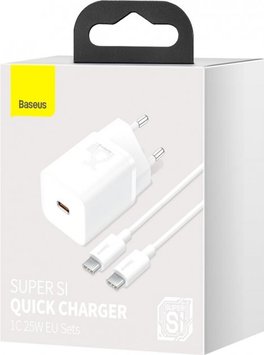 Ładowarka Baseus Super Si Quick Charger 25W Biała + kabel Type-C do Type-C 3A (1m)